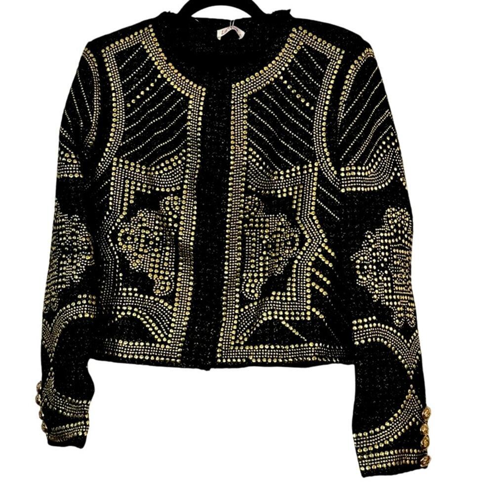 La’Ros – Embellished Studded Tweed Jacket (Black/Gold) – S